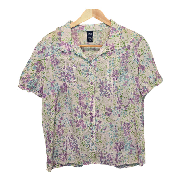 Basic Editions Womens Button Up Shirt 1X Purple Floral Print Pintuck Swiss Dot - Picture 1 of 9